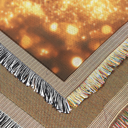 Peacock Spreading Radiant Tail Feathers in Glowing Forest with Fireflies and Golden Mist Woven Throw Blanket - Awakening Righteousness