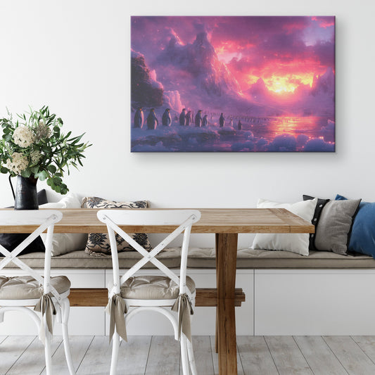 Penguin Colony on Arctic Cliff Surrounded by Glowing Crystal Ice Rich Natural Scenery Canvas Wall Art Decor - Awakening Righteousness