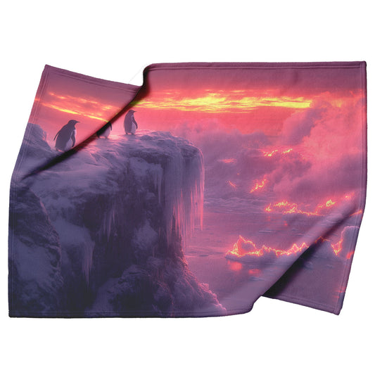 Penguin Colony on Arctic Cliff with Glowing Crystal Ice Formations and Rich Natural Scenery Fleece Sherpa Blanket - Awakening Righteousness