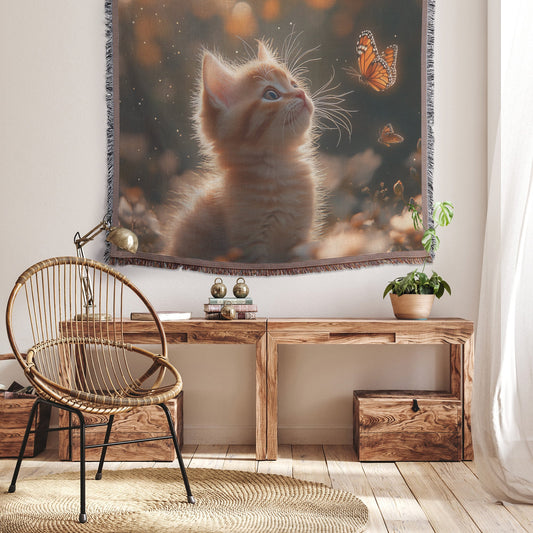 Playful Kitten Chasing Glowing Butterflies in Sunlit Meadow with Blooming Flowers Warm and Magical Woven Throw Blanket - Awakening Righteousness