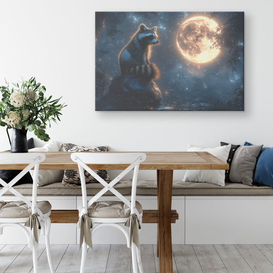 Raccoon Sitting Atop Glowing Stone in Forest Clearing Under Massive Full Moon Peaceful Ethereal Canvas Wall Art Decor - Awakening Righteousness