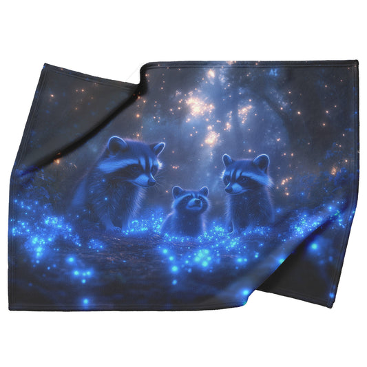 Raccoons Exploring Magical Bioluminescent Forest Glowing Blue Plants Twilight Sky Fleece Sherpa Blanket - Awakening Righteousness