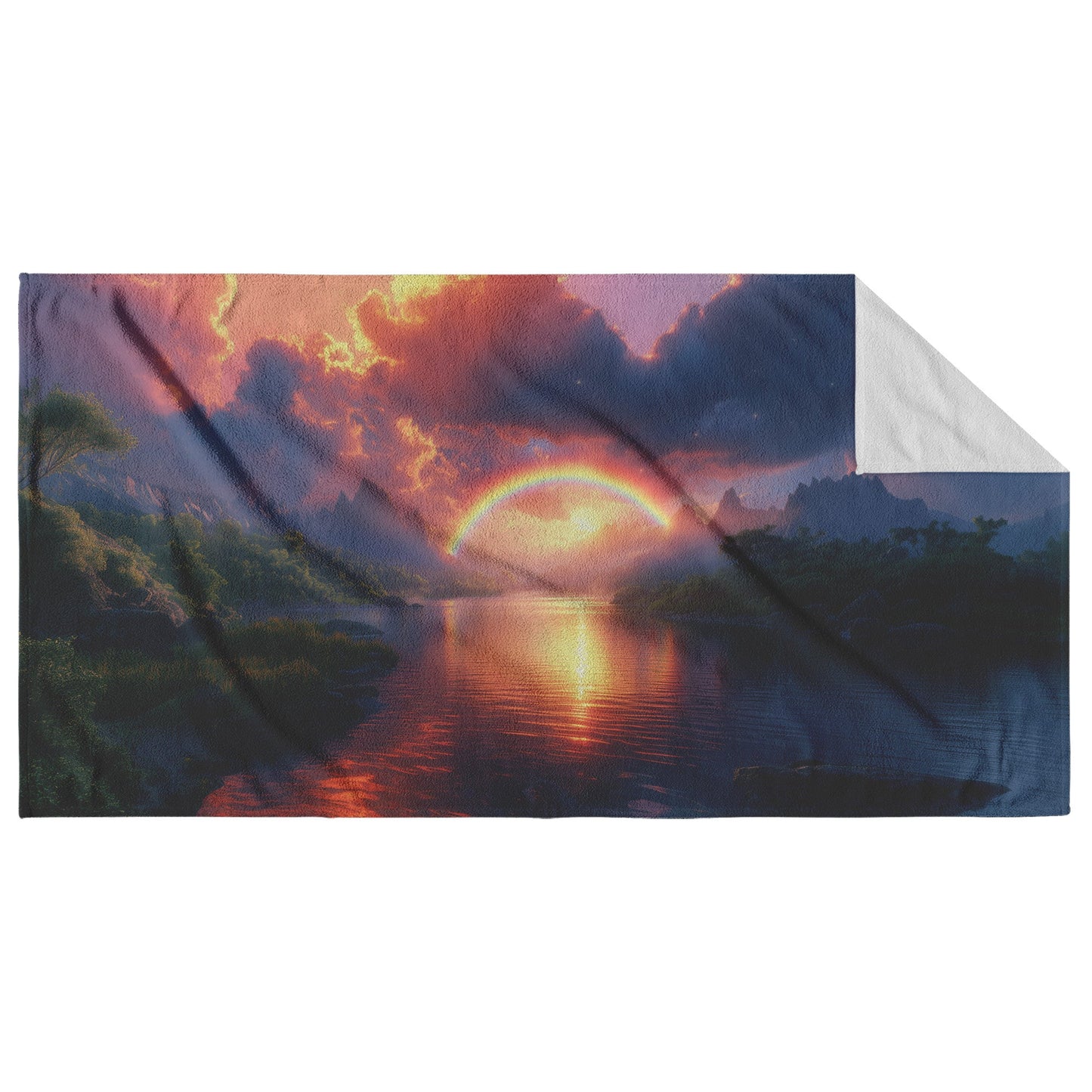 Radiant Rainbow with Golden Light Over Ocean Horizon Sparkling Waves Glowing Clouds Sunset Beams of Light Scenic Towel - Awakening Righteousness