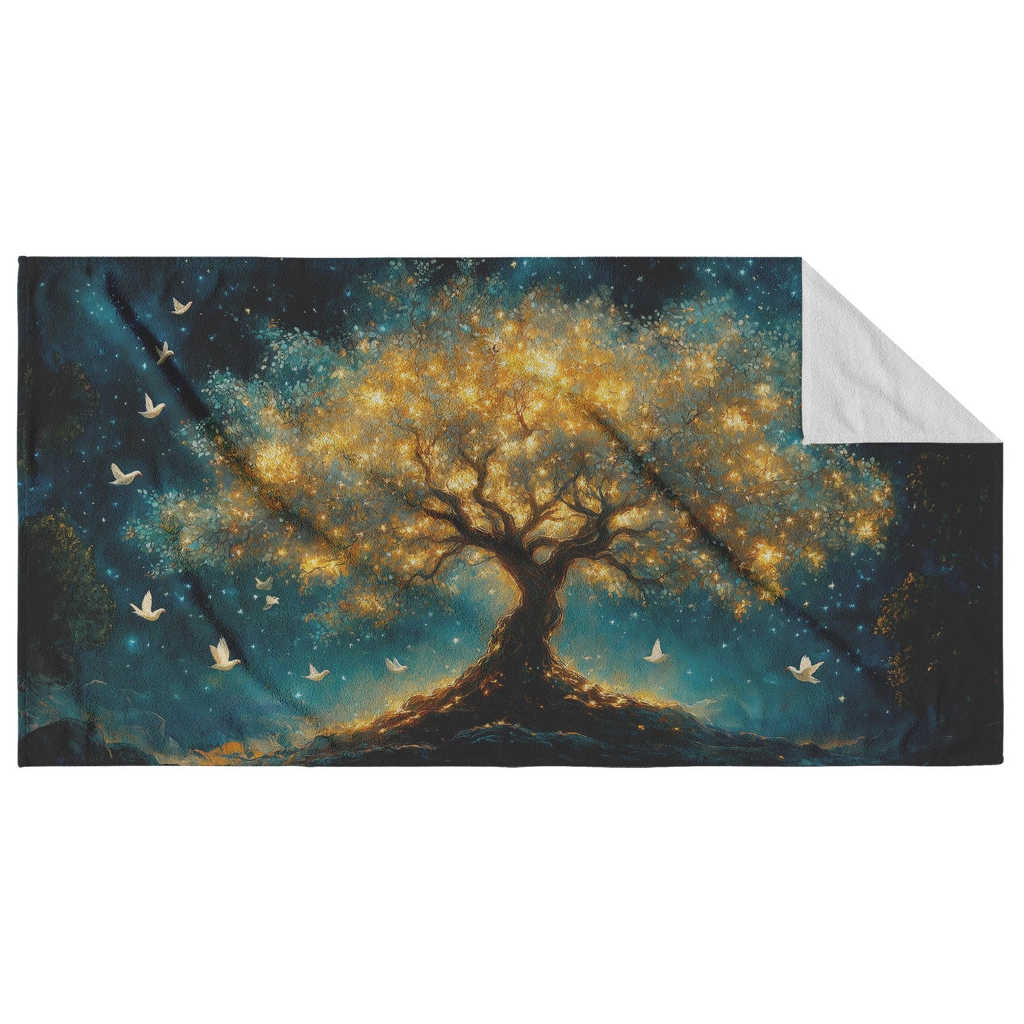 Radiant Tree of Light with Glowing Leaves and Doves Under Starry Sky Beach Towel for Peaceful Moments - Awakening Righteousness