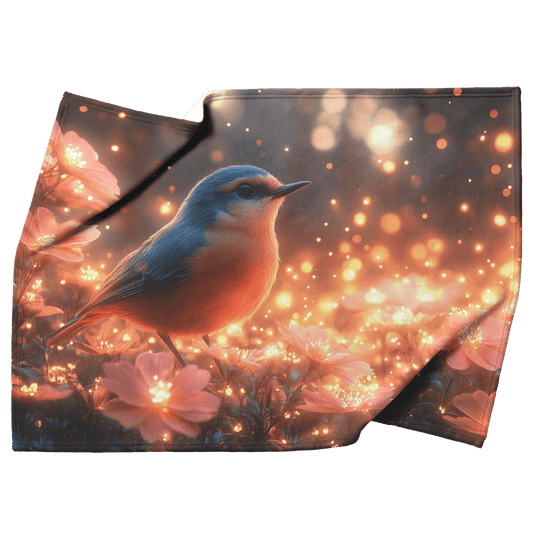 Robin Fluttering Near Glowing Flowers in Bioluminescent Garden Surrounded by Light Trails Under Twilight Skies Fleece Sherpa Blanket - Awakening Righteousness
