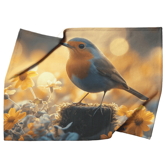 Robin Singing on Glowing Fence Post Surrounded by Golden Morning Mist and Vibrant Wildflowers Fleece Sherpa Blanket - Awakening Righteousness