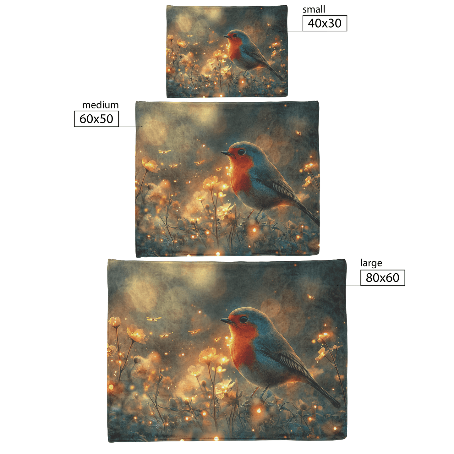 Robin Sitting in Glowing Forest Meadow Surrounded by Bioluminescent Flowers and Golden Fireflies Under Twilight Skies Fleece Sherpa Blanket - Awakening Righteousness