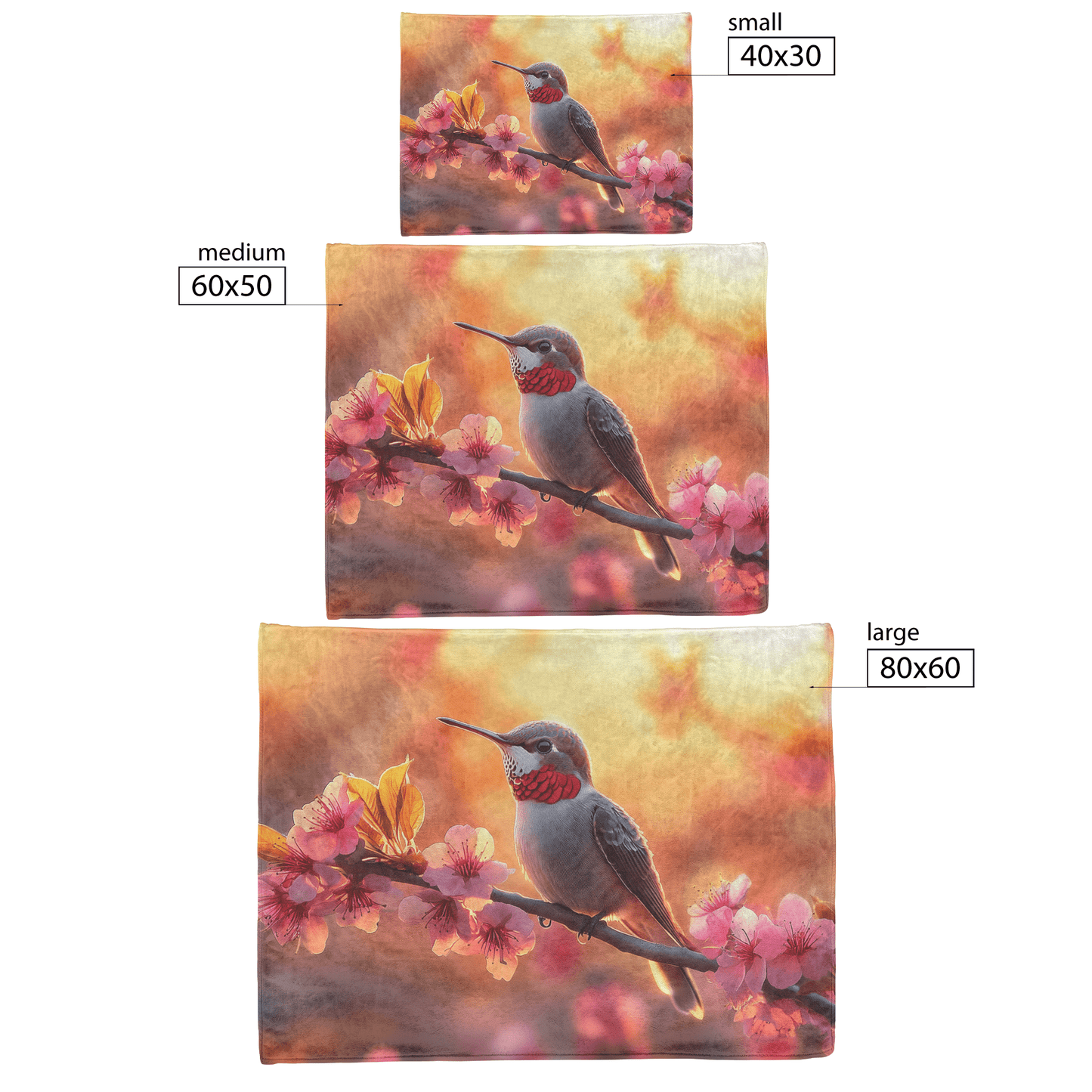 Ruby Throated Hummingbird Perched on Glowing Branch Surrounded by Pink Cherry Blossoms Under Golden Sunlight Fleece Sherpa Blanket - Awakening Righteousness