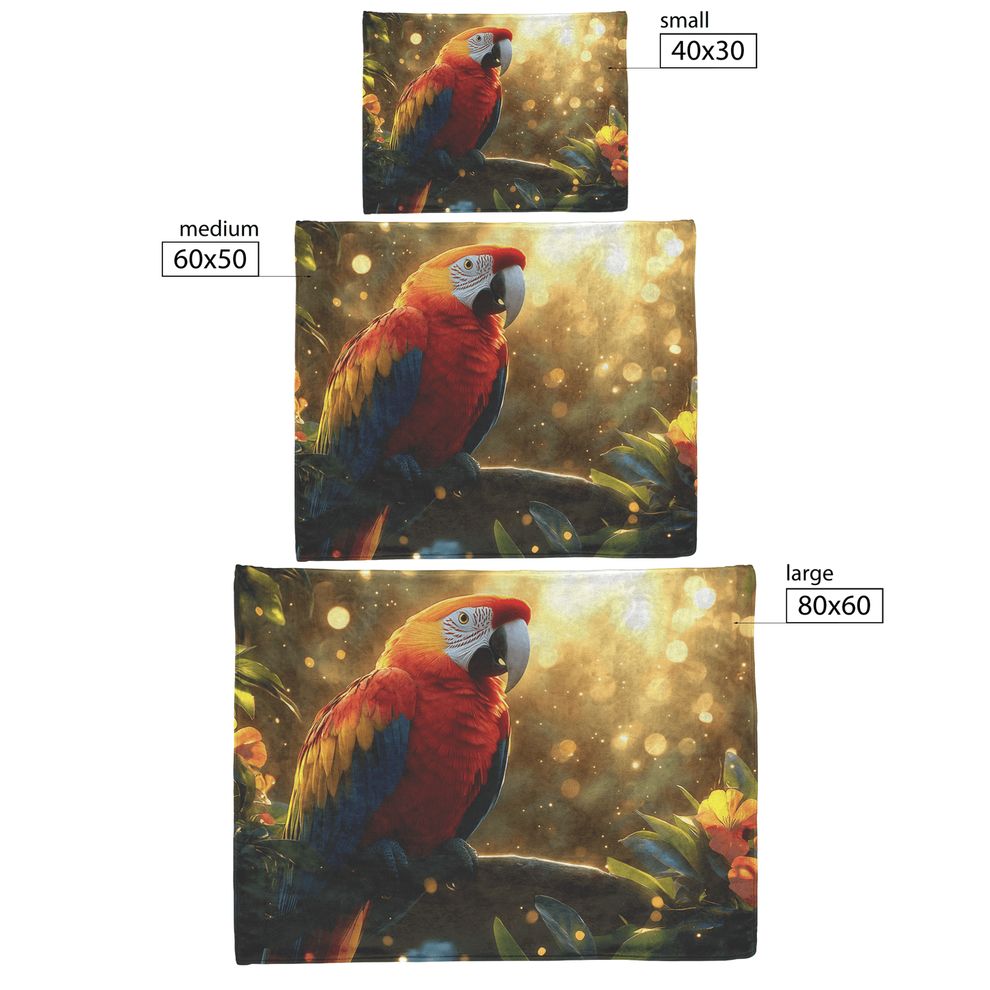 Scarlet Macaw Perched on Glowing Jungle Branch Surrounded by Tropical Flowers and Golden Sunlight Fleece Sherpa Blanket - Awakening Righteousness