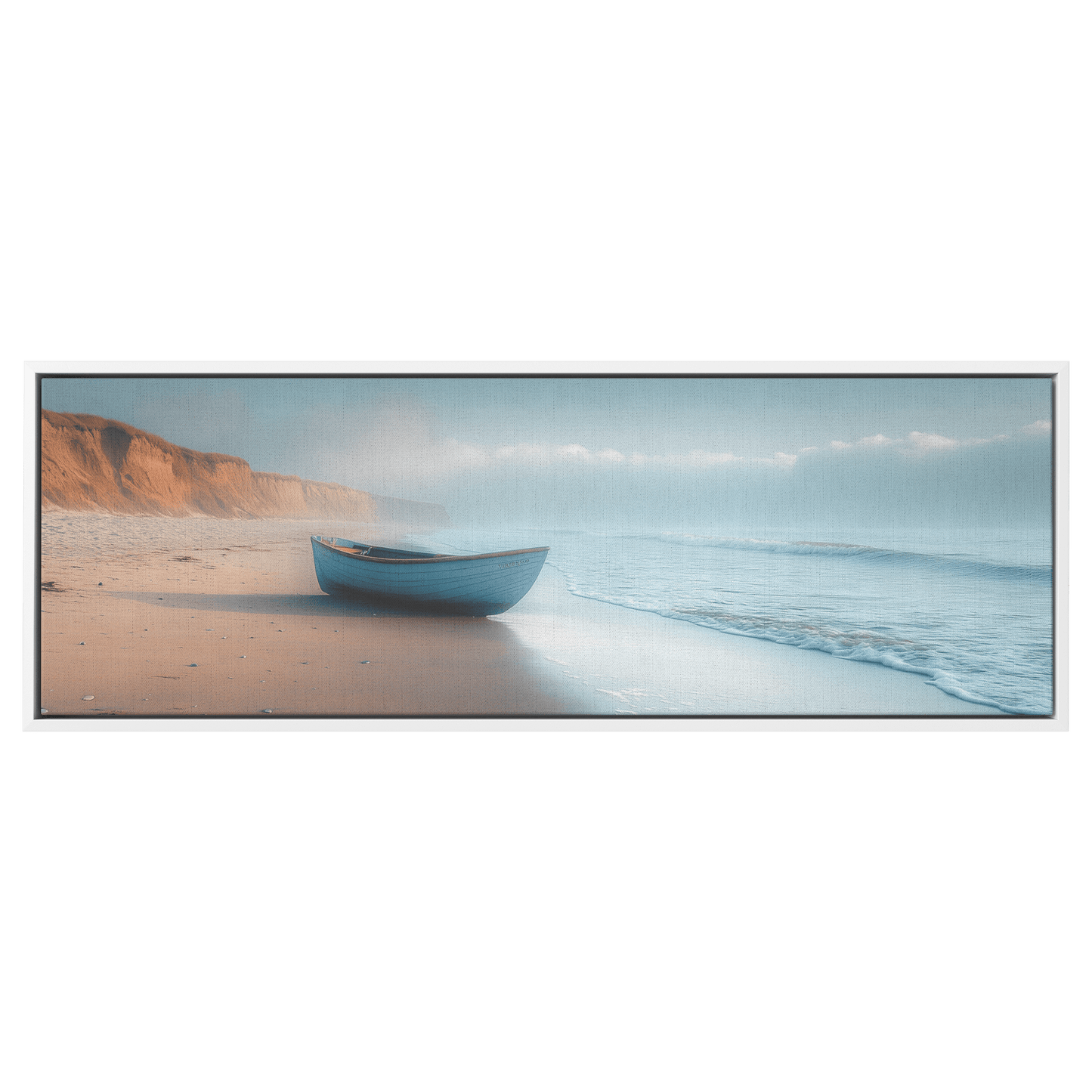Serene Coastal View Gentle Waves Muted Gray Sky Minimalist Sandy Beach Neutral Tones Panoramic Framed Canvas Wall Art - Awakening Righteousness