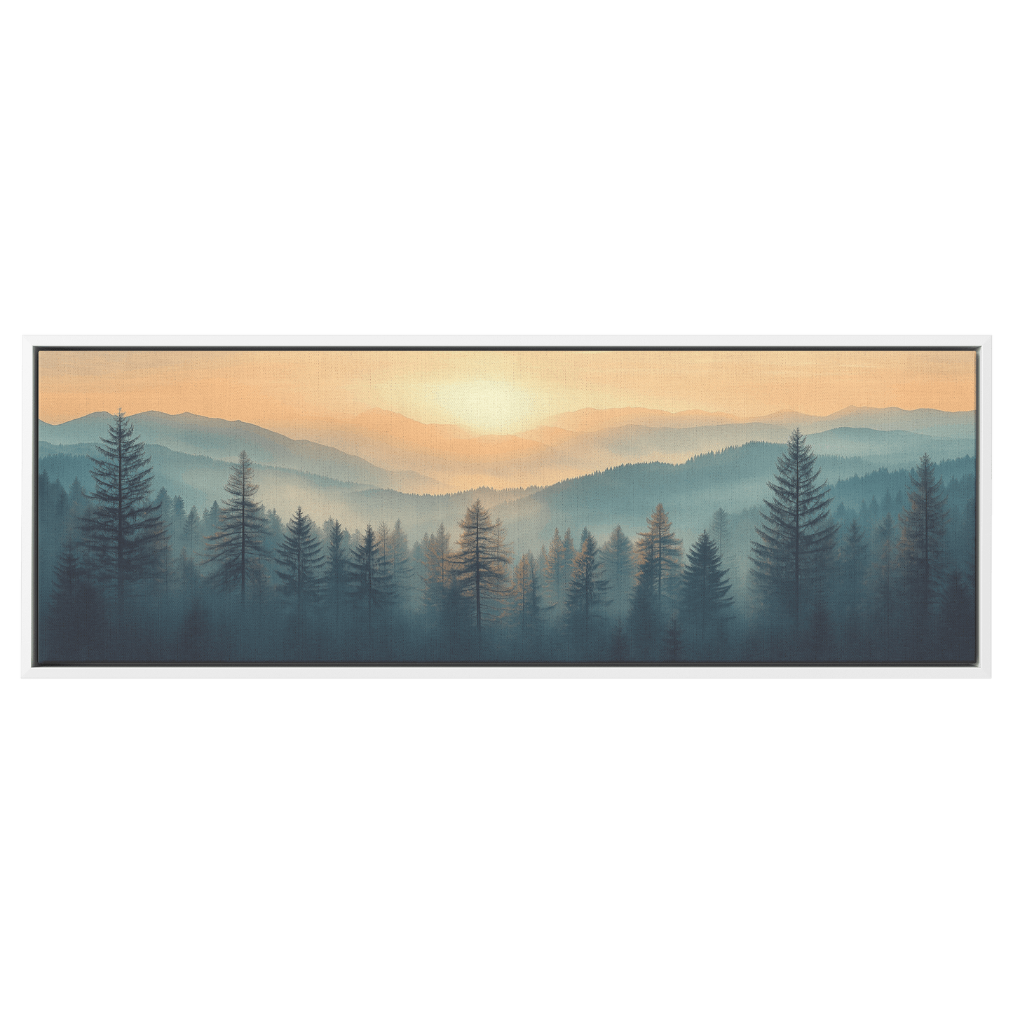 Serene Panoramic View Forests Distant Hills Muted Beige Gray Ultra High Definition Elegant Minimalist Panoramic Framed Canvas Wall Art - Awakening Righteousness
