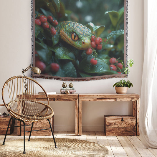 Serpent Hiding Among Red Berries in a Rainy Garden Woven Throw Blanket for Home Decor - Awakening Righteousness