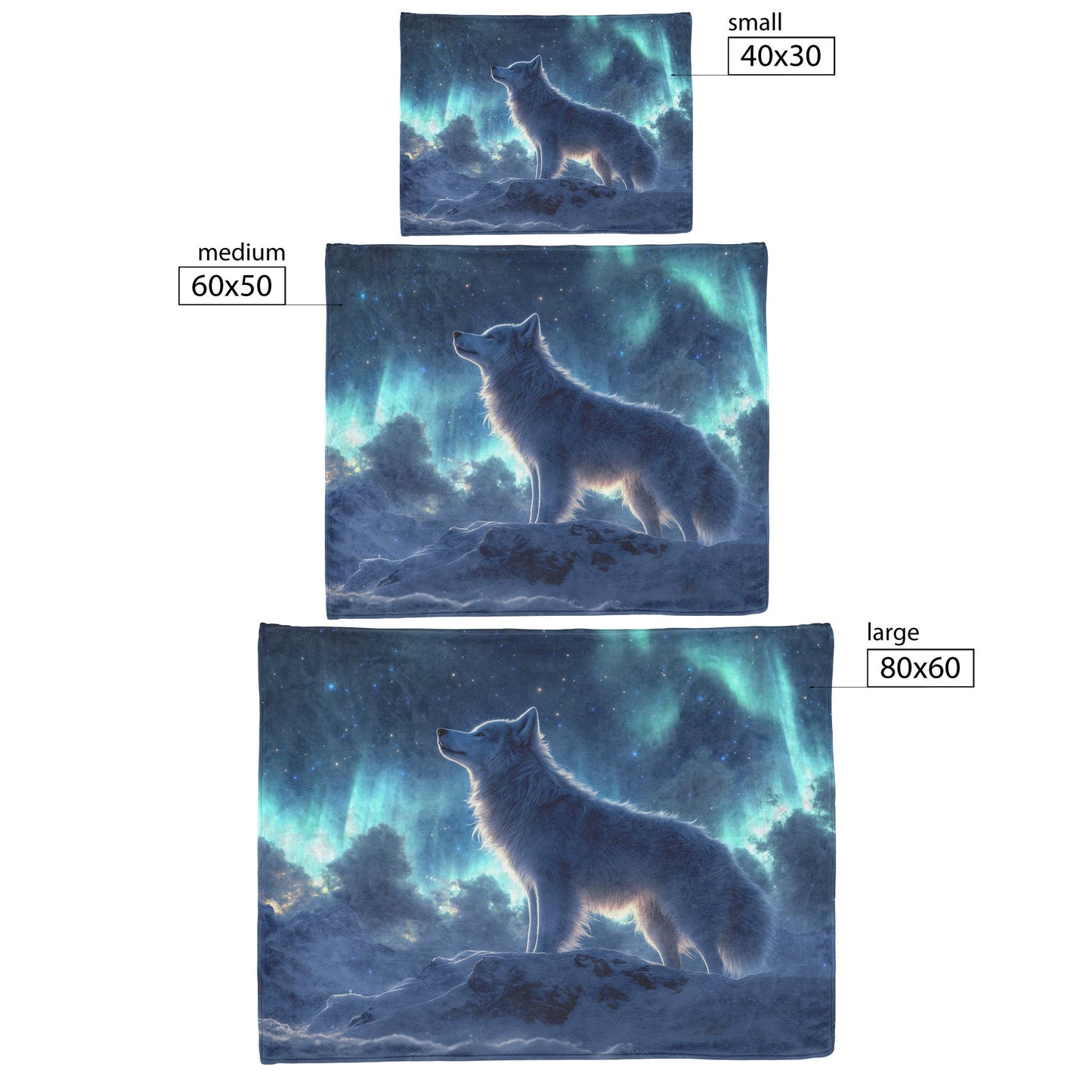 Siberian Husky on Snowy Mountain Peak Under Glowing Northern Lights Fleece Sherpa Blanket - Awakening Righteousness