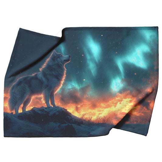 Siberian Husky on Snowy Mountain Peak Under Glowing Northern Lights Fleece Sherpa Blanket - Awakening Righteousness
