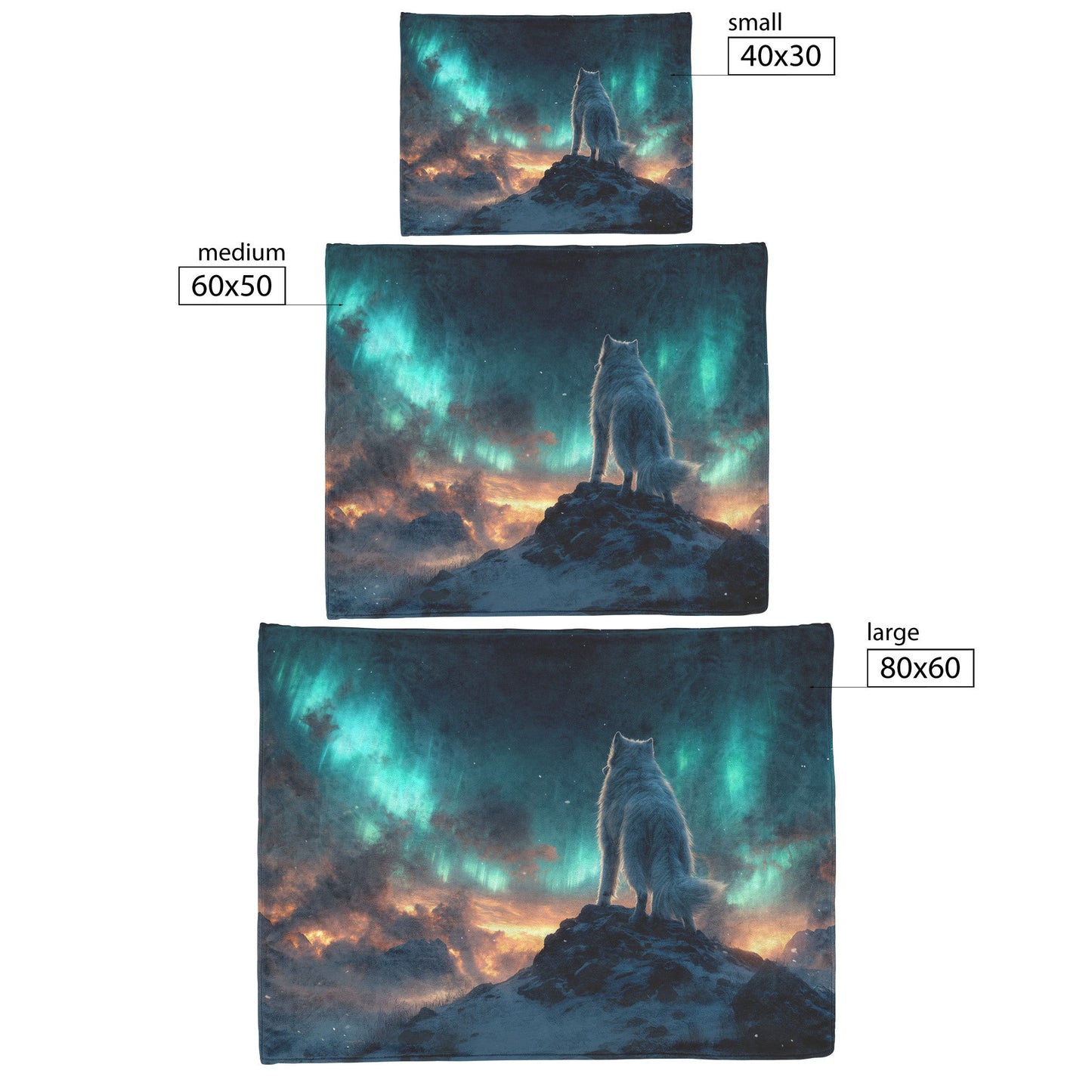Siberian Husky on Snowy Mountain Peak Under Glowing Northern Lights Fleece Sherpa Blanket - Awakening Righteousness