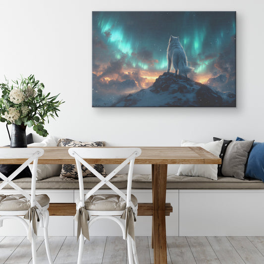 Siberian Husky Standing on Snowy Mountain Peak Under Glowing Northern Lights with Intricate Fur Canvas Wall Art Decor - Awakening Righteousness
