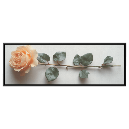 Single Stem Floral Artwork Rose Soft Line Detailing Neutral White Background Ultra High Definition Meticulously Minimal Panoramic Framed Canvas Wall Art - Awakening Righteousness