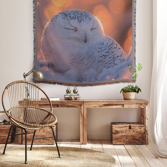 Snowy Owl Resting on Glowing Frosted Tree Branch with Shimmering Snowflakes Under Twilight Light Woven Throw Blanket - Awakening Righteousness