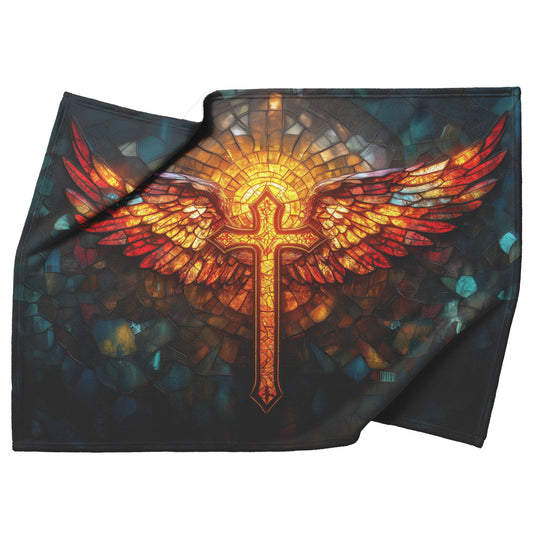 Stained Glass Cross with Radiant Angel Wings Fleece Sherpa Blanket Christian Home Decor for Faith Comfort and Inspiration - Awakening Righteousness