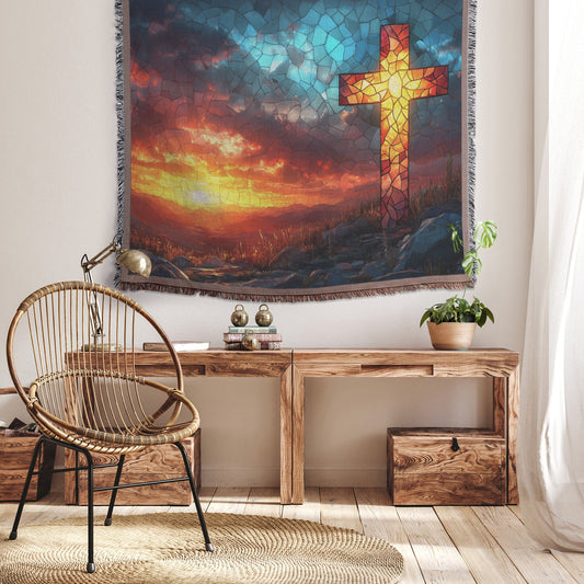 Stained Glass Cross with Sunset Sky and Mountain View Woven Throw Blanket for Cozy Home Decor - Awakening Righteousness