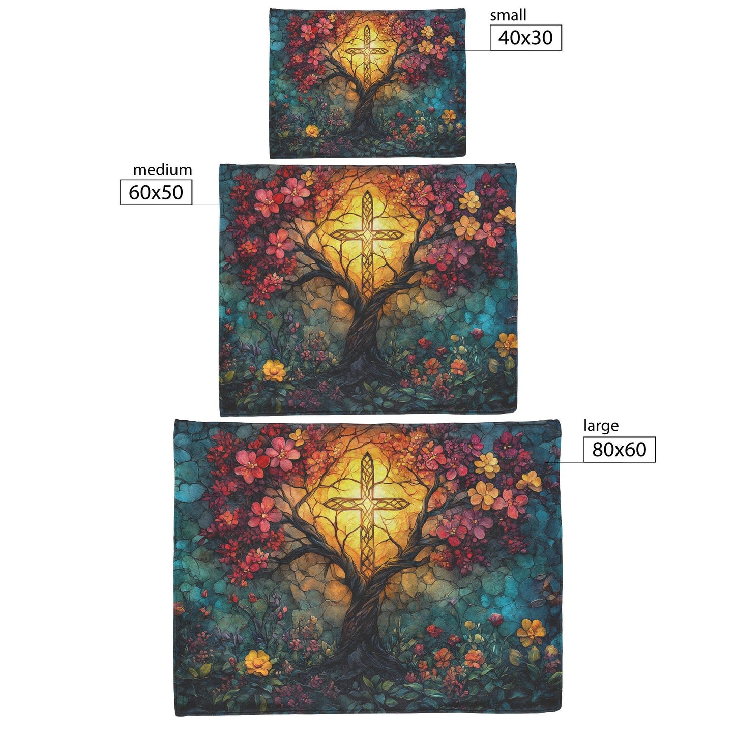 Stained Glass Cross With Vibrant Flowers Fleece Sherpa Blanket Christian Gift Symbol Of Faith And Divine Light - Awakening Righteousness