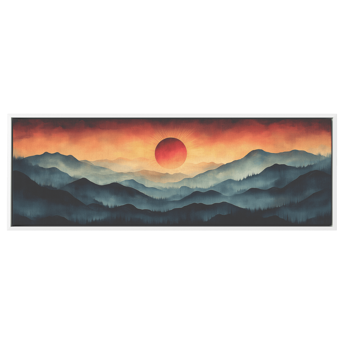 Stylized Boho Artwork Sunburst Abstract Hills Warm Earthy Tones Ultra High Definition Soft Gradients Panoramic Framed Canvas Wall Art - Awakening Righteousness