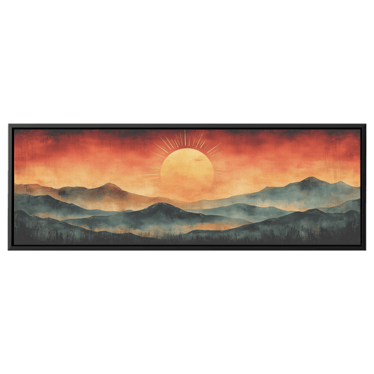 Stylized Boho Artwork Sunburst Abstract Hills Warm Earthy Tones Ultra High Definition Soft Gradients Panoramic Framed Canvas Wall Art - Awakening Righteousness