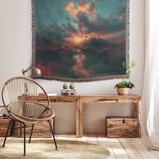Sunset Cross in Blooming Meadow Woven Throw Blanket - Awakening Righteousness