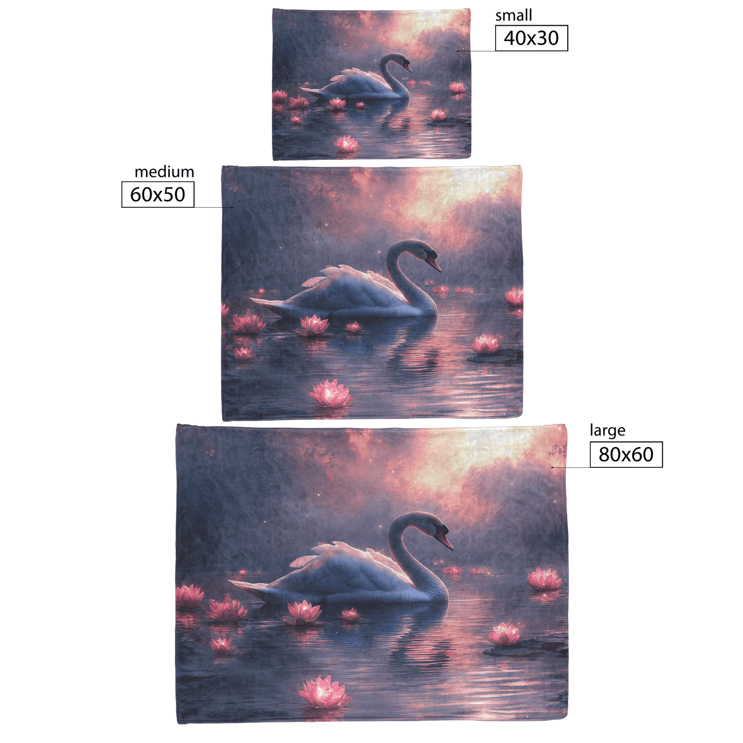 Swan Surrounded by Glowing Lotus Flowers on Tranquil Lake Under Vibrant Twilight Sky With Shimmering Feathers Fleece Sherpa Blanket - Awakening Righteousness