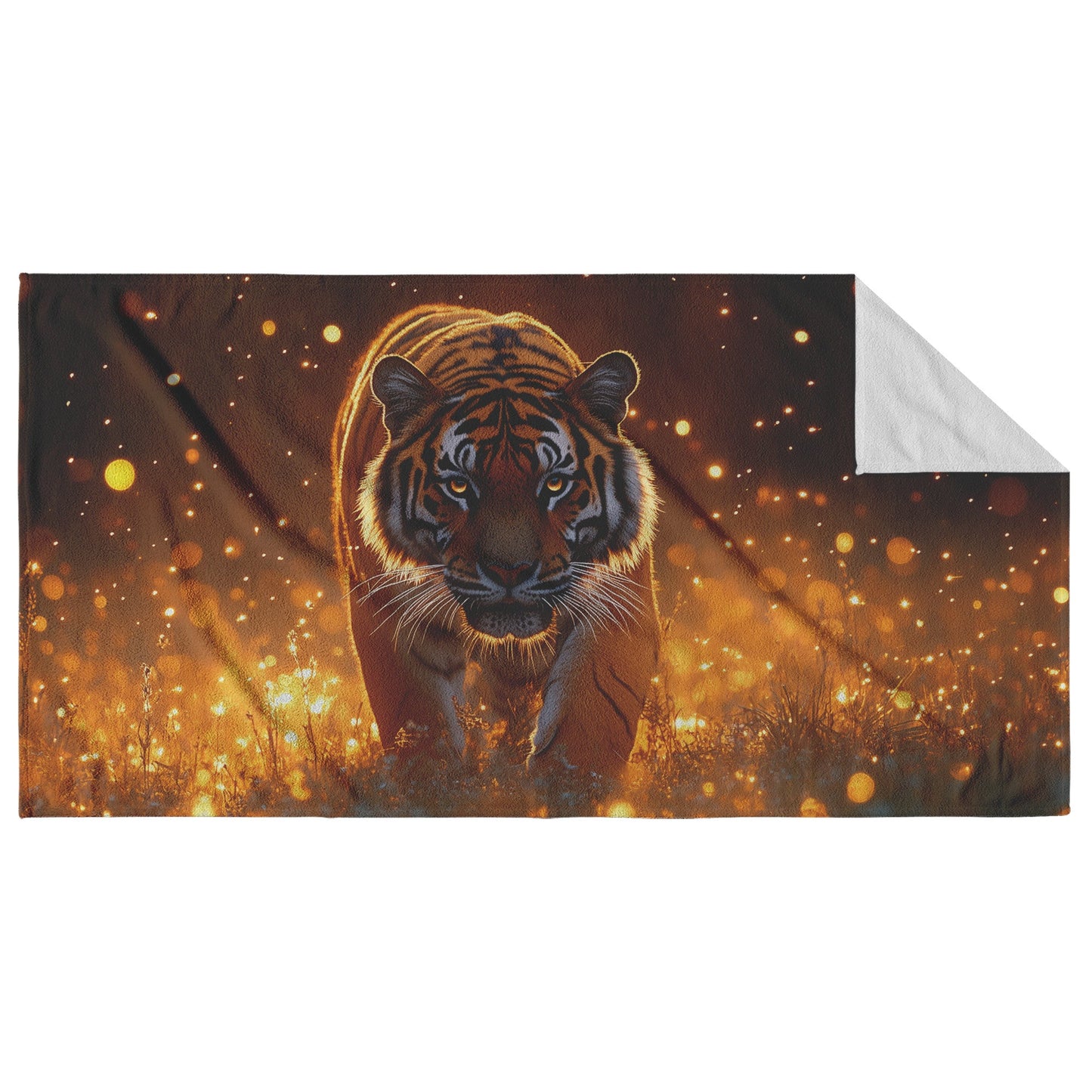 Tiger Walking Gracefully Through Golden Meadow Surrounded by Fireflies at Twilight Glowing Light on Fur Beach Towel - Awakening Righteousness