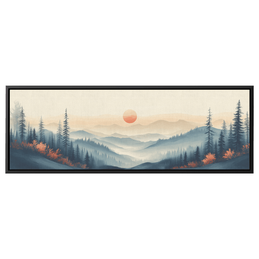 Tranquil Landscape Illustration Muted Hills Pale Sky Taupe Beige Ultra High Definition Modern Minimalist Panoramic Framed Canvas Wall Art - Awakening Righteousness