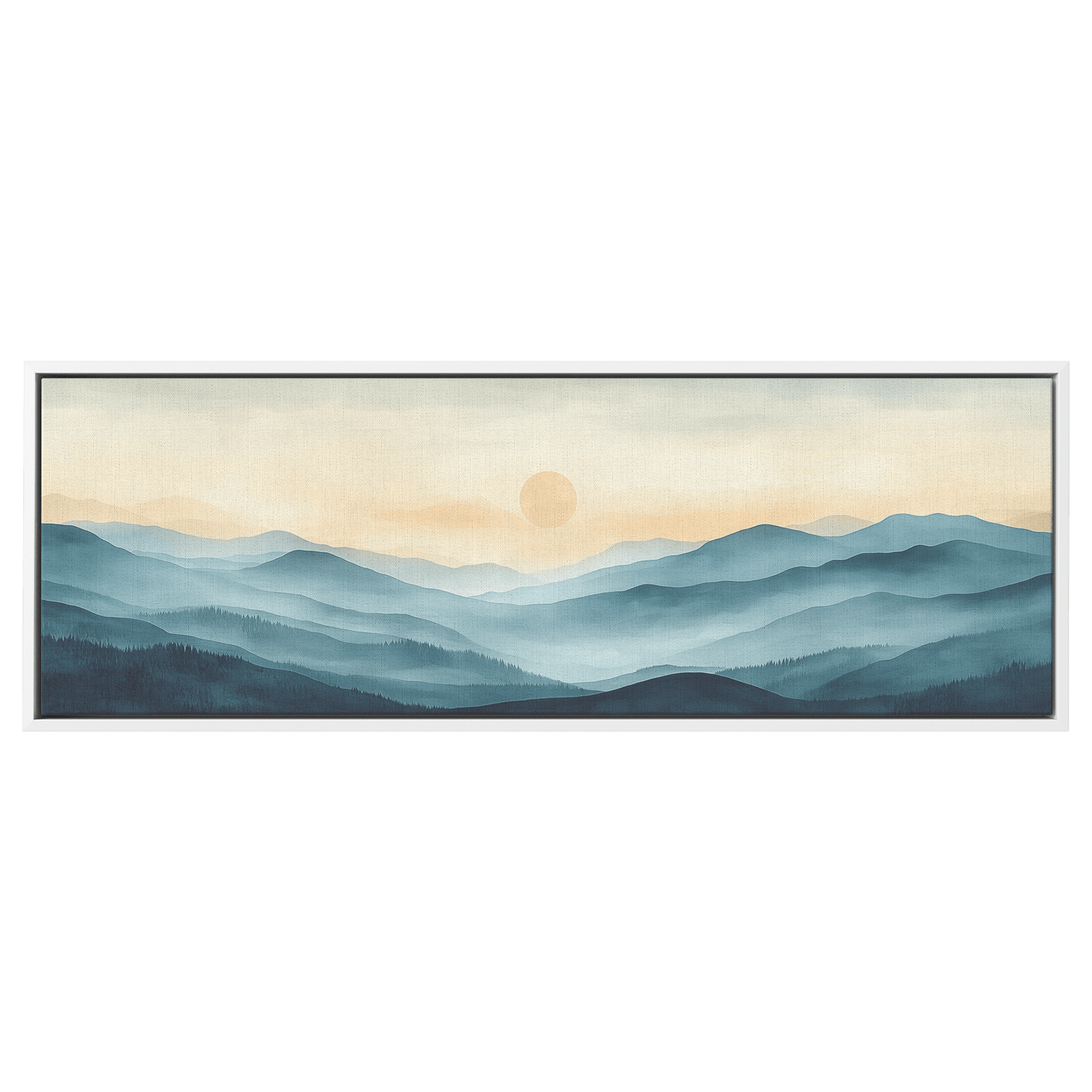 Tranquil Landscape Illustration Muted Hills Pale Sky Taupe Beige Ultra High Definition Modern Minimalist Panoramic Framed Canvas Wall Art - Awakening Righteousness