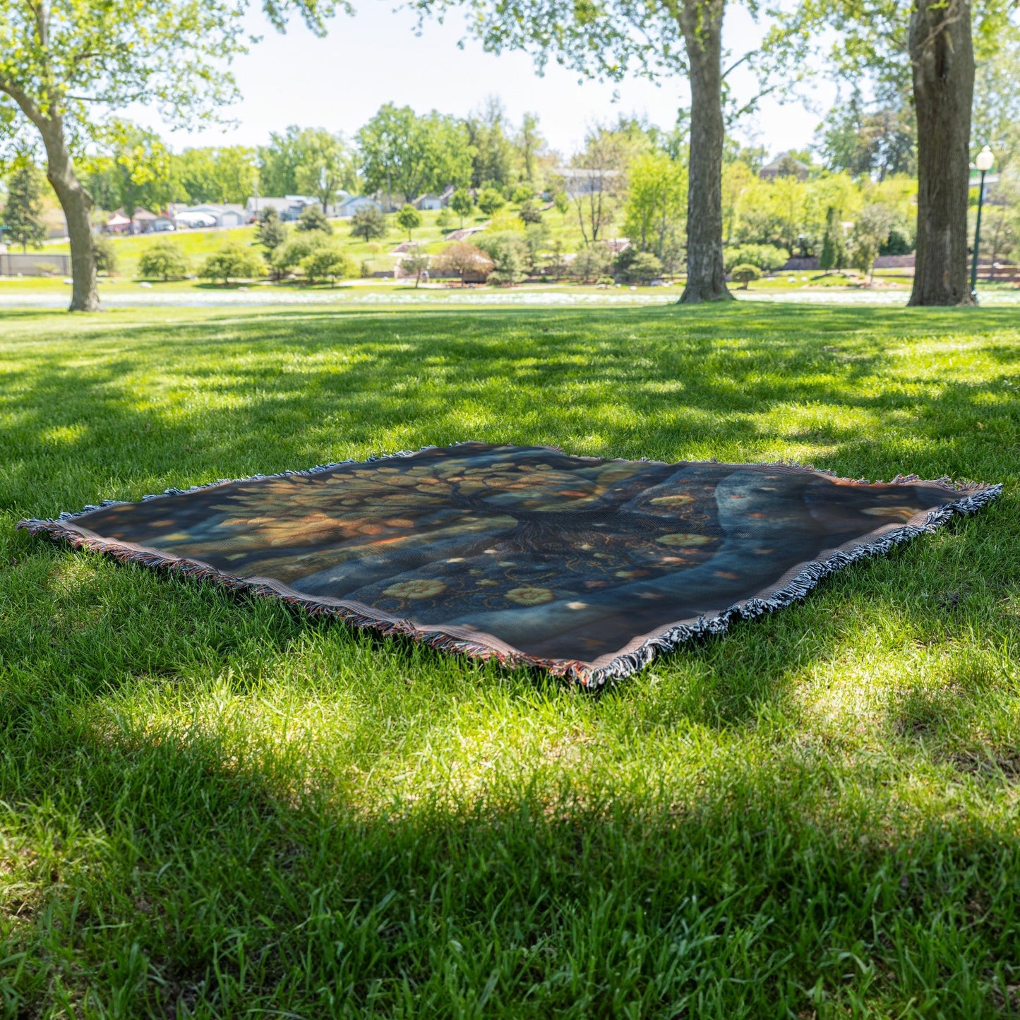 Tree of Life with Golden Leaves and Embroidered Floral Landscape Woven Throw Blanket for Home Decor - Awakening Righteousness