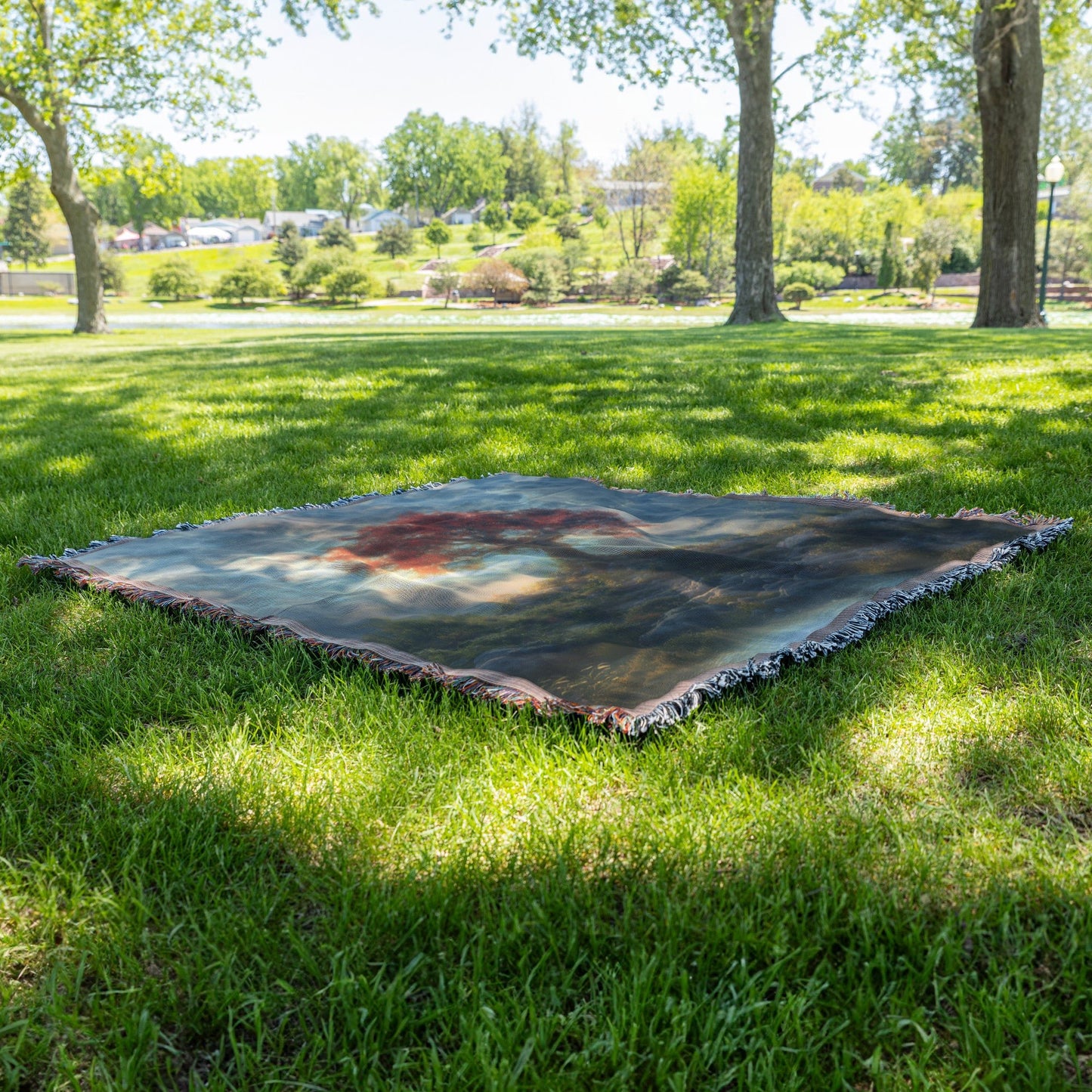 Tree of Life with Vibrant Red Foliage and Sunset Glow Woven Throw Blanket for Home Decor - Awakening Righteousness