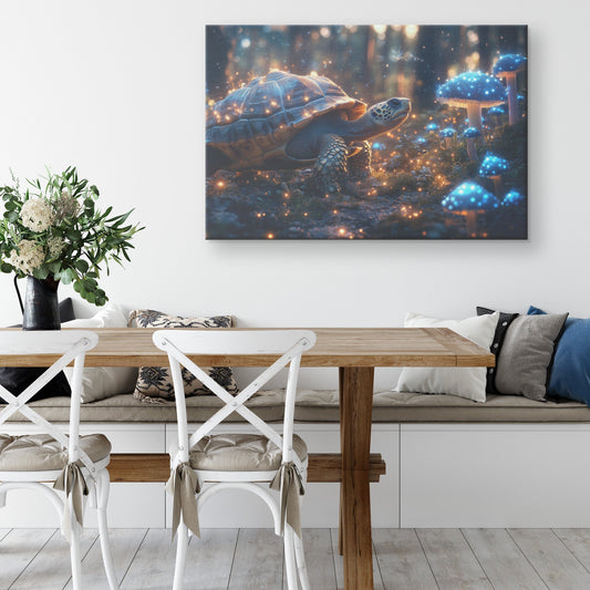 Turtle Walking Across Glowing Forest Floor Surrounded by Magical Mushrooms with Blue and Green Light Canvas Wall Art Decor - Awakening Righteousness