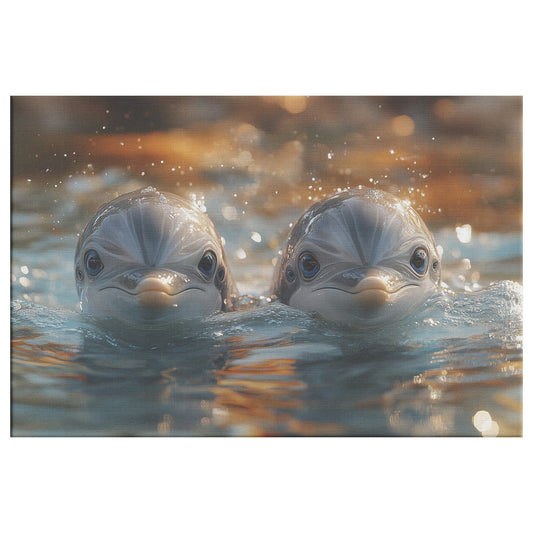 Two Cute Baby Dolphins in the Water with Bokeh Background Canvas Art - Awakening Righteousness