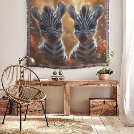 Two Cute Baby Zebras with Blue Eyes in Autumn Forest Cozy Woven Throw Blanket - Awakening Righteousness