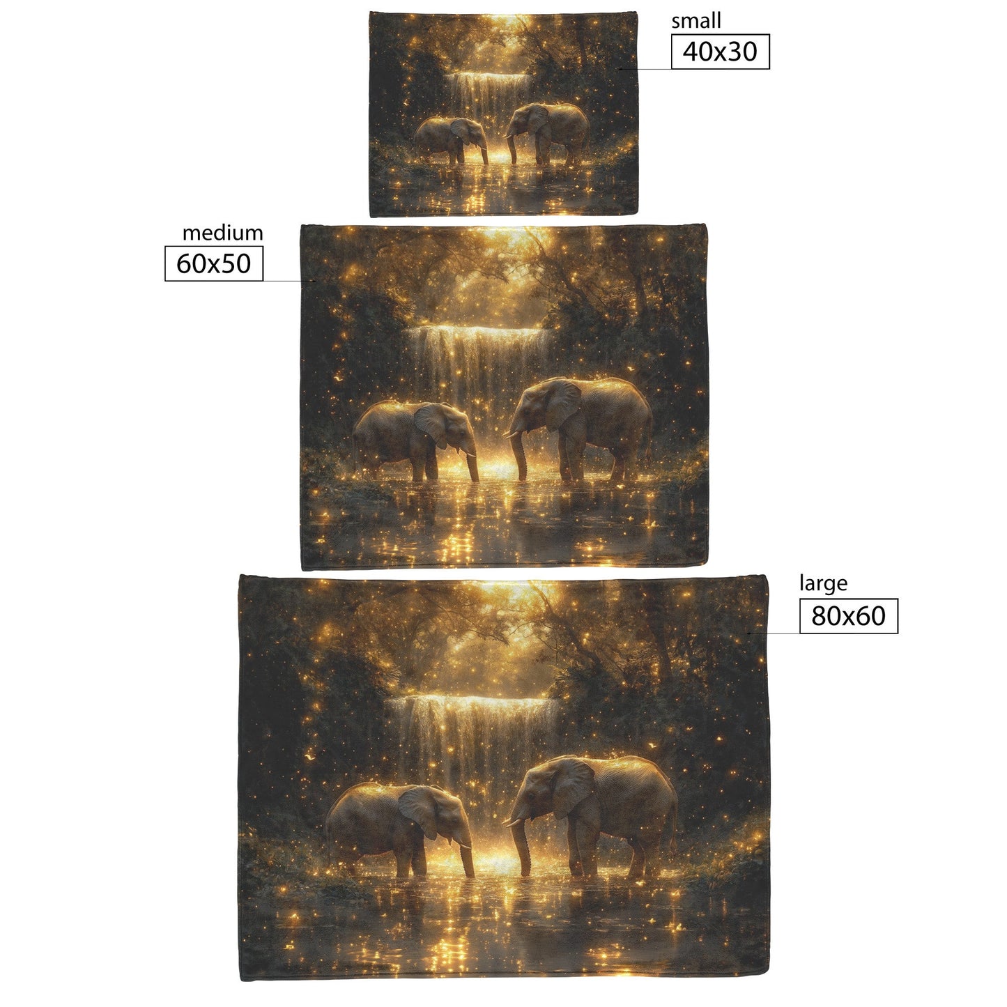 Two Elephants Near Glowing Waterfall Moss Covered Rocks Shimmering Golden Light Peaceful Magical Fleece Sherpa Blanket - Awakening Righteousness
