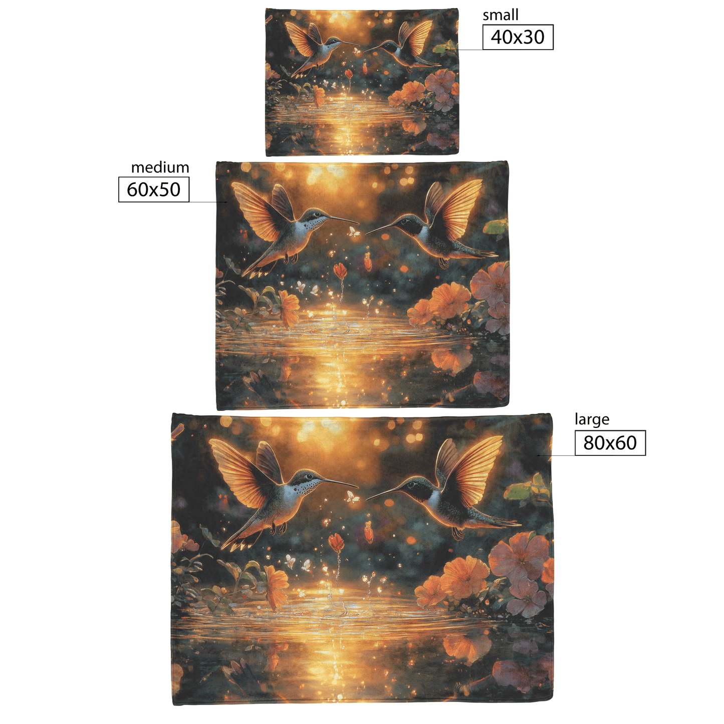 Two Hummingbirds Flying Gracefully Above Glowing Pond Surrounded by Wildflowers With Twilight Reflecting on Water Fleece Sherpa Blanket - Awakening Righteousness