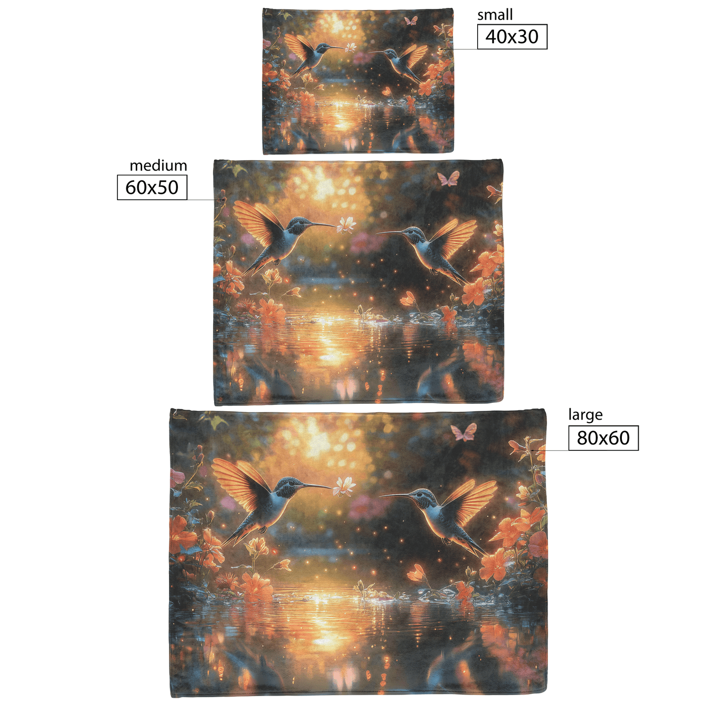 Two Hummingbirds Flying Gracefully Above Glowing Pond Surrounded by Wildflowers With Twilight Reflecting on Water Fleece Sherpa Blanket - Awakening Righteousness
