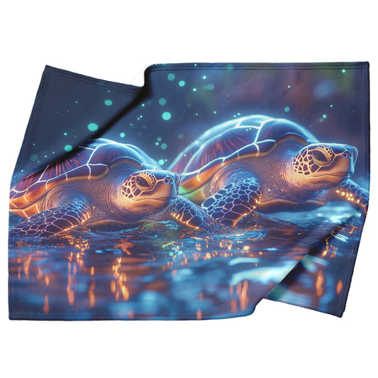 Two Sea Turtles Swimming in Glowing Bioluminescent Ocean with Ethereal Blue and Green Lights Fleece Sherpa Blanket - Awakening Righteousness