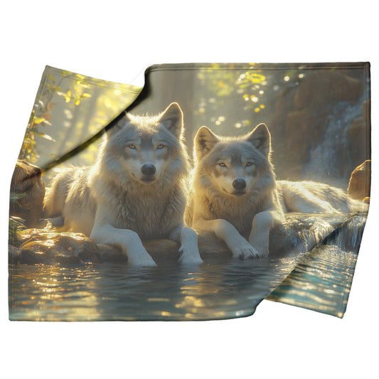 Two Wolves Resting Peacefully Near Glowing Crystal Clear Stream Surrounded by Lush Natural Scenery Sherpa Blanket - Awakening Righteousness