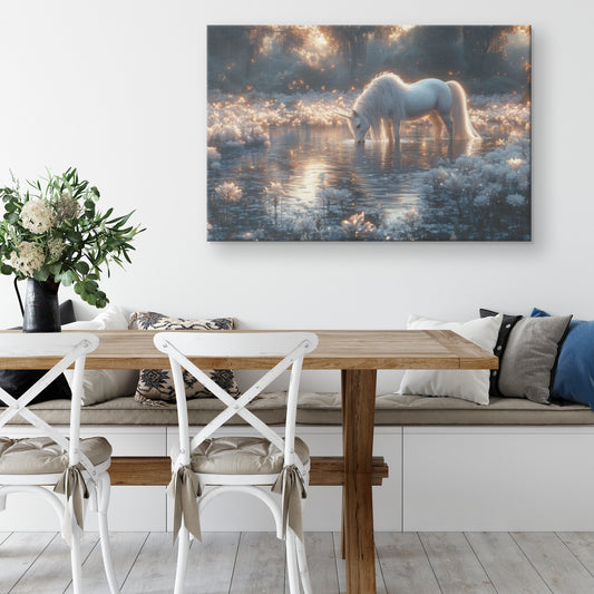 Unicorn Drinking from Glowing Pond Surrounded by Crystal Flowers in Twilight Forest Canvas Wall Art - Awakening Righteousness