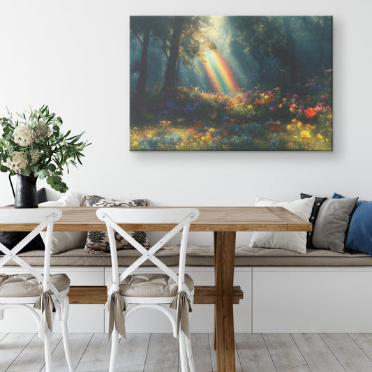 Vibrant Rainbow Over Mystical Forest Clearing Glowing Trees Ethereal Light Colorful Wildflowers Shimmering Mist Canvas Art - Awakening Righteousness