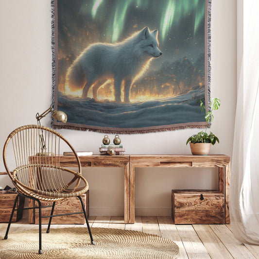 White Arctic Fox on Glowing Snow Under Northern Lights with Silver Highlights Magical Atmosphere Woven Throw Blanket - Awakening Righteousness