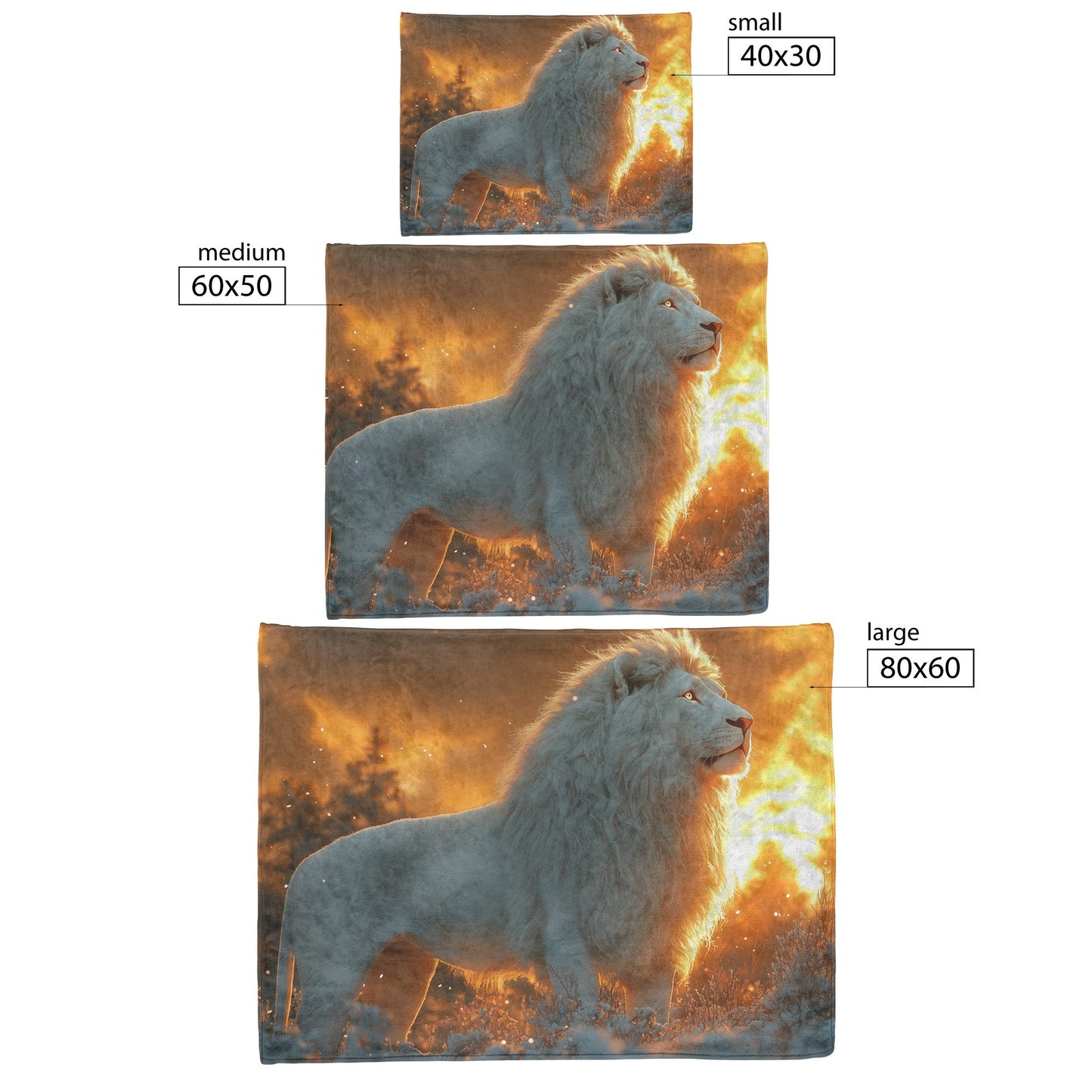 White Lion in Magical Snowy Forest Under Twilight Skies with Shimmering Silver Fur Fleece Sherpa Blanket - Awakening Righteousness