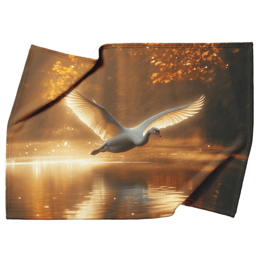 White Swan Flying Gracefully Over Glowing Forest Pond With Golden Sunlight Illuminating Its Wings Fleece Sherpa Blanket - Awakening Righteousness