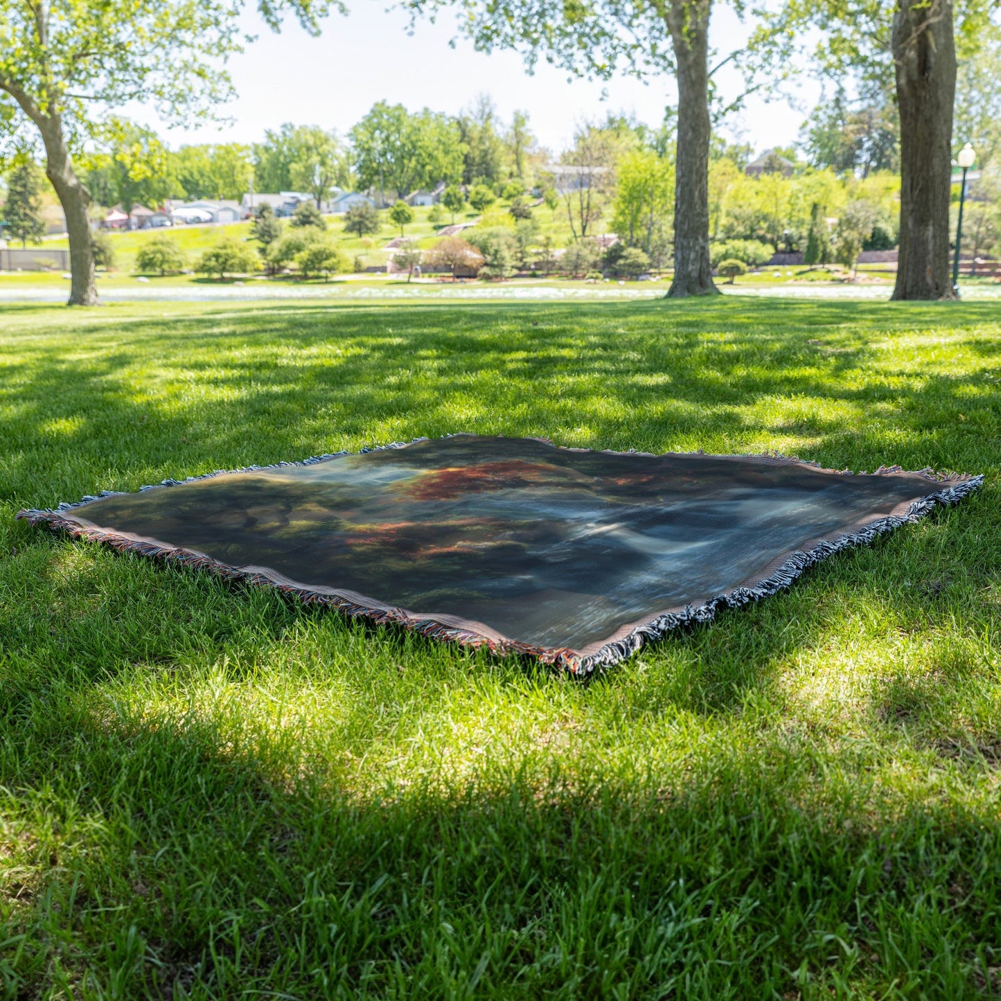 Woven Throw Blanket Depicting a Serene Waterfall with Autumn Trees in a Peaceful Garden - Awakening Righteousness