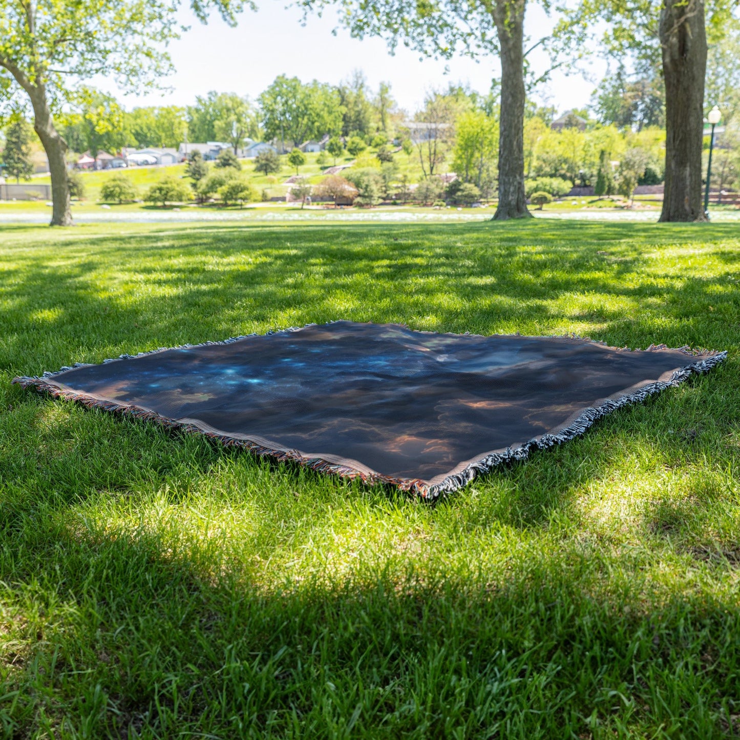 Woven Throw Blanket Featuring a Starry Sky and Serene Mountain Landscape with a Child Gazing at the Cosmos - Awakening Righteousness