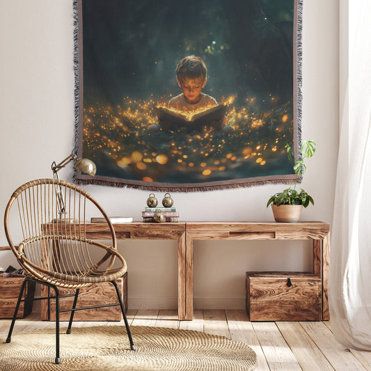 Young Boy Reading Enchanted Bible with Glowing Fireflies Cozy Christian Woven Throw Blanket - Awakening Righteousness